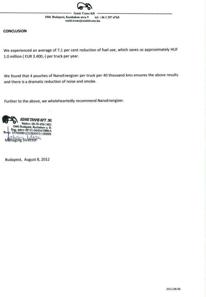 Szaki Trans Kft (Hungary) Letter of Recommendation