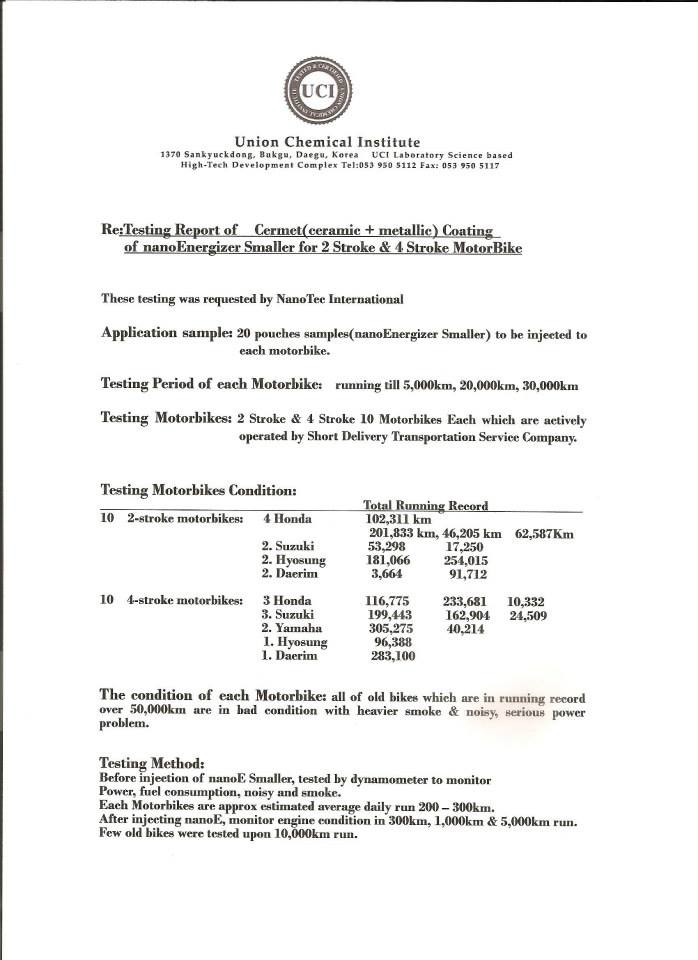 Test result on Motorbikes by Union Chemical Institute